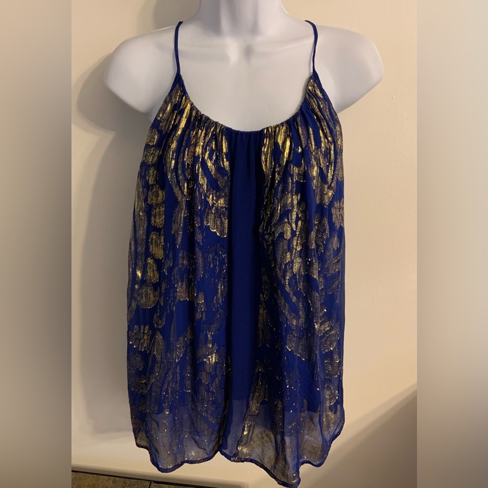 Language Junior’s Size Large Royal Blue Sleeveless Top With Gold Splashed Front
